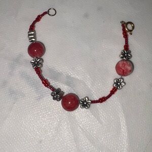 Chic Red Beaded Bracelet with Floral Charms
